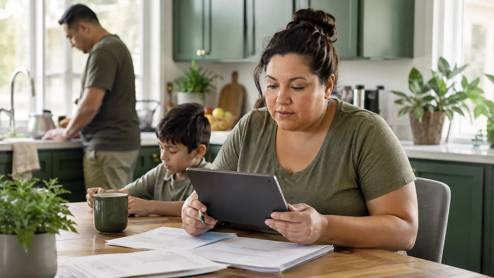 Applicant checking Lifeline eligibility on a tablet with documents nearby