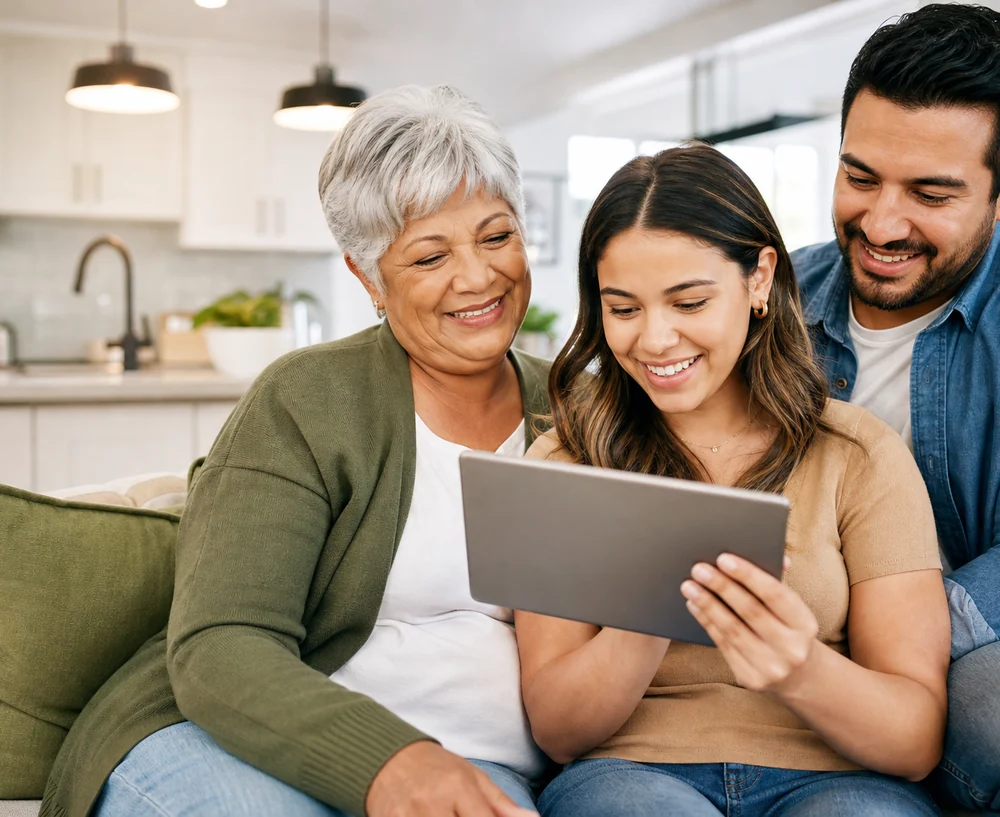 Family using a free government tablet at home under the Lifeline program