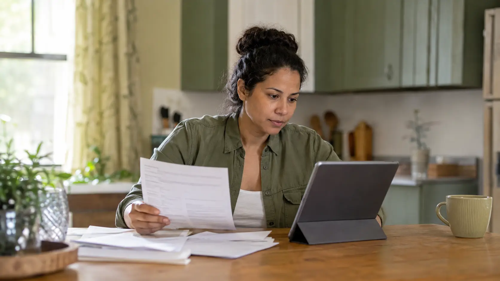 Medicaid applicant reviewing eligibility documents while using a tablet