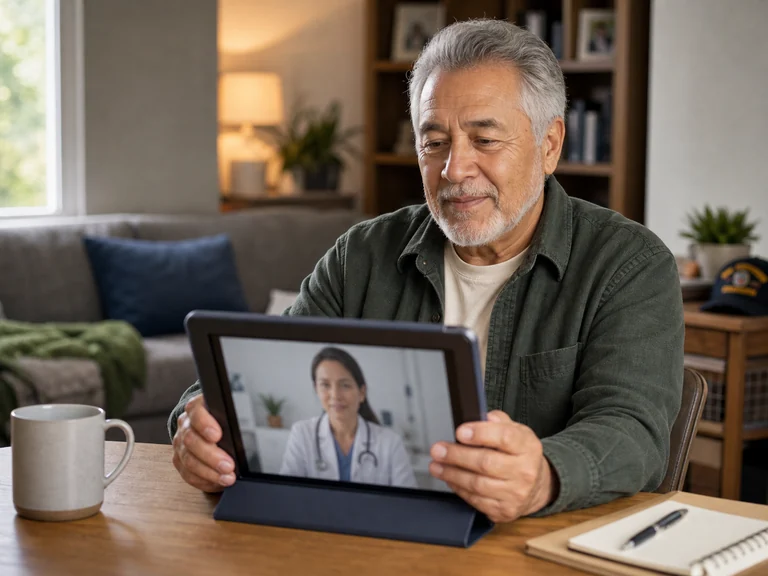 Veteran using a VA telehealth tablet for connected care